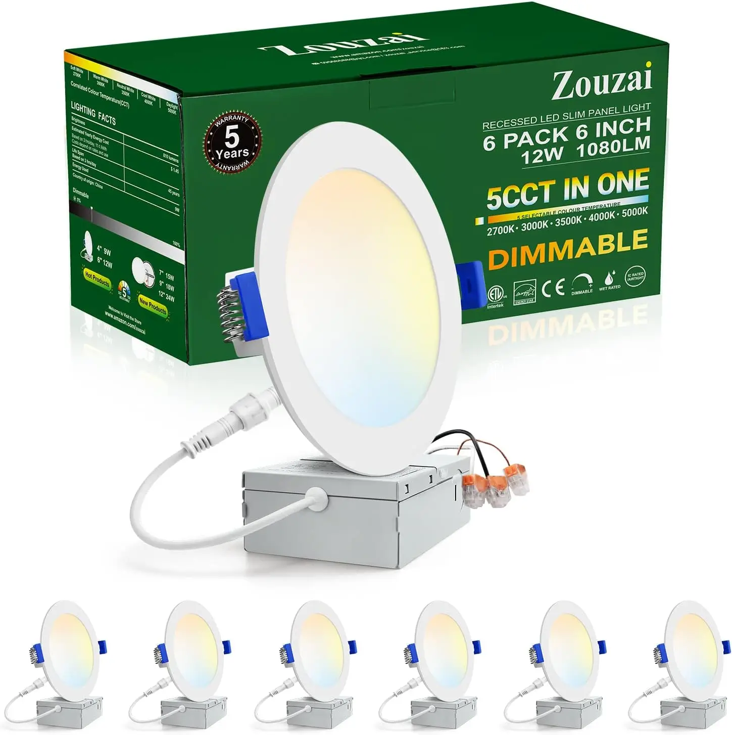 Zouzai 6 Pack 6 Inch 5cct Ultradunne Led Verzonken Plafondlamp Met Aansluitdoos, 2700K/3000K/3500K/4000K/5000K Selecteerbaar,