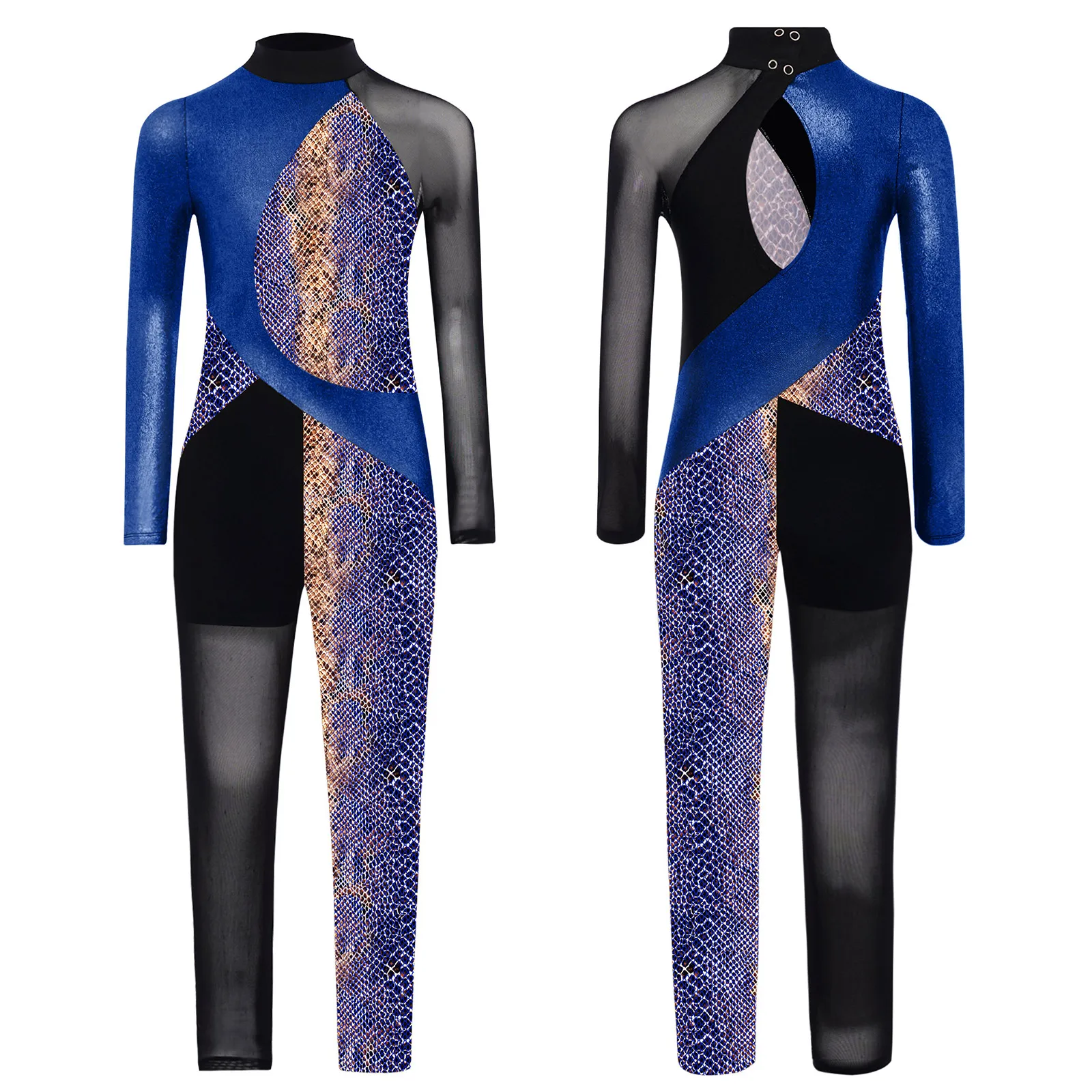 

Kids Girls Asymmetrical Dance Jumpsuit Snake Skin Texture Patchwork Bodysuit Performance Outfit Sheer Mesh Keyhole Back Leotard