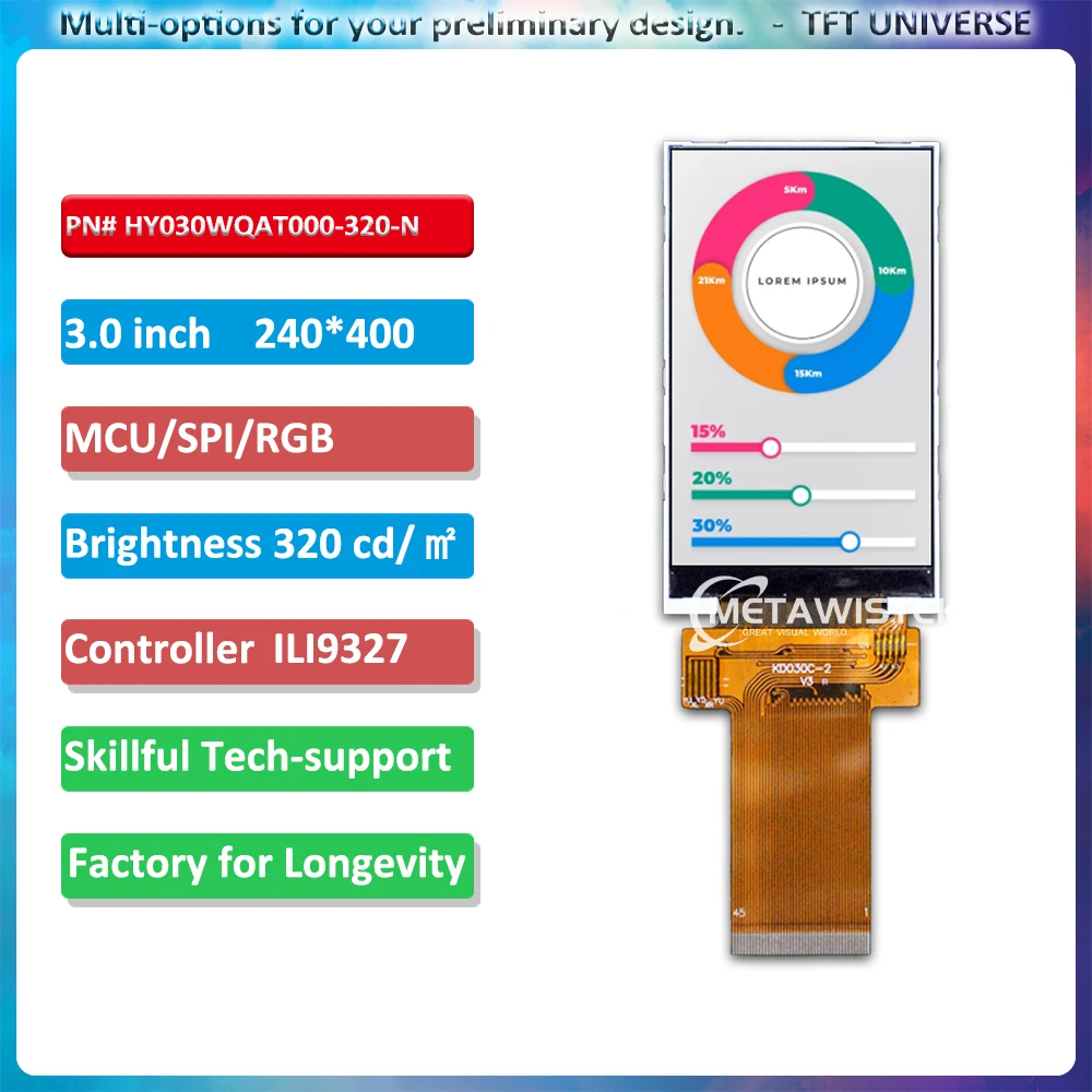 3 inch 240x400 320nits TFT LCD with ILI9327 Driver IC and MCU/SPI/RGB Interface for Industrial and Consumer Applications