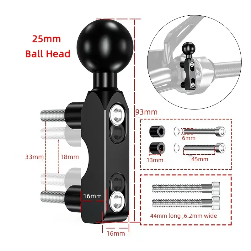 Aluminum 1\'\' Ball Large Handlebar Clamp Mount Base 25/17mm Ball Rearview Mirror for gopro accessories and Bike Motorcycle Holder