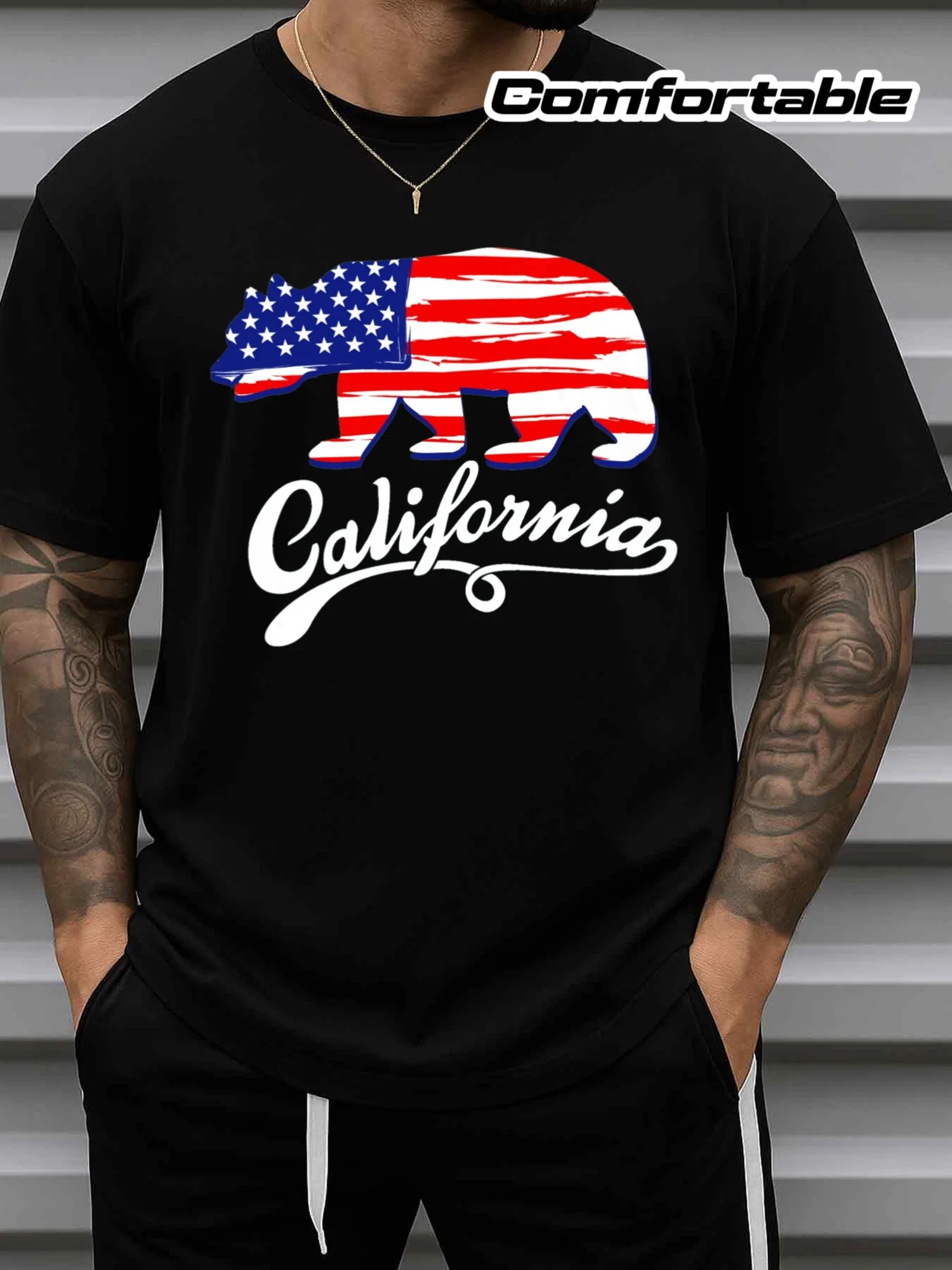 Men's California Bear Flag T-Shirt - Black with California Bear and State Border Design, Regular Fit, Casual and Urban Style, Suitable for All Seasons, Ideal for the Fourth of July, Casual Wear and a California Pride Gift
