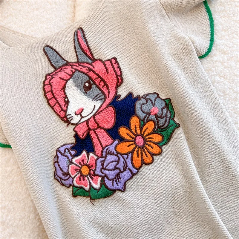 Rabbit Embroidered Thin Slim Knit Sweater Tshirt Women Summer Square Collar Short Sleeve Tops Knitwear Vintage Fashion Pullovers