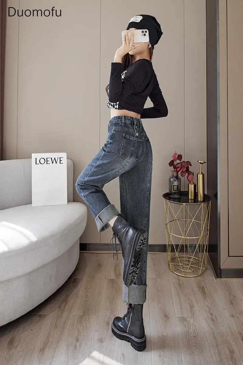 Duomofu Lente Chic Gewassen Basis Hoge Taille Slanke Vrouwen Jeans Koreaans Full Length Mode Eenvoudige Klassieke Rechte Vrouwelijke Jeans