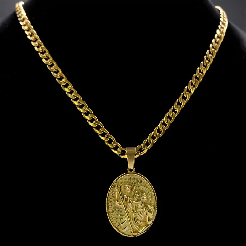 Europe and America Style Gold Color Stainless Steel Relief Saint Christopher Necklace UNISEX A Birthday Gift Necklace for Friend