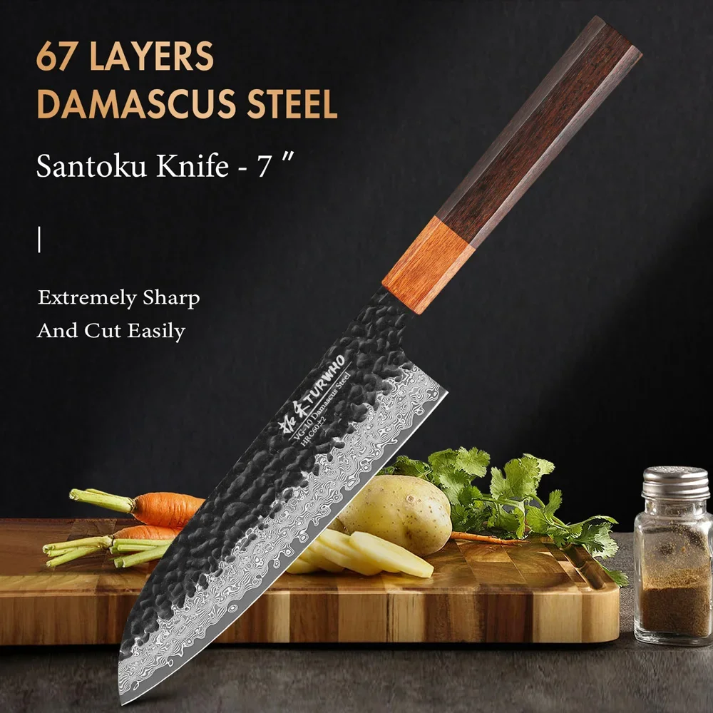 

TURWHO 7-inch Japanese Hand Forged Santoku Knife Damascus Steel Professional Kitchen Knife Meat Cleaver Handmade Cooking Tools