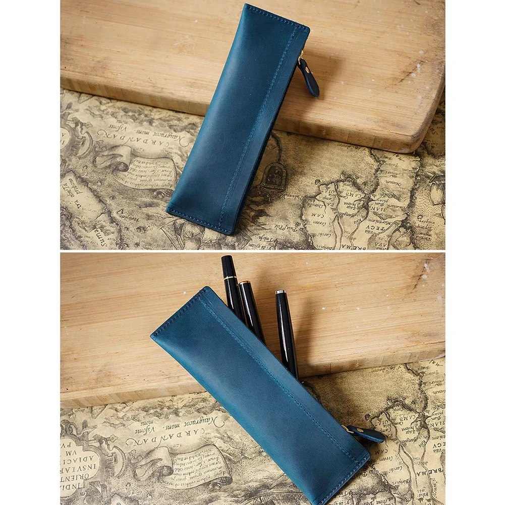 Astuccio portapenne in pelle retrò astuccio portapenne per studenti fatto a mano in pelle borsa portaoggetti per cancelleria scolastica 5 penne custodia blu