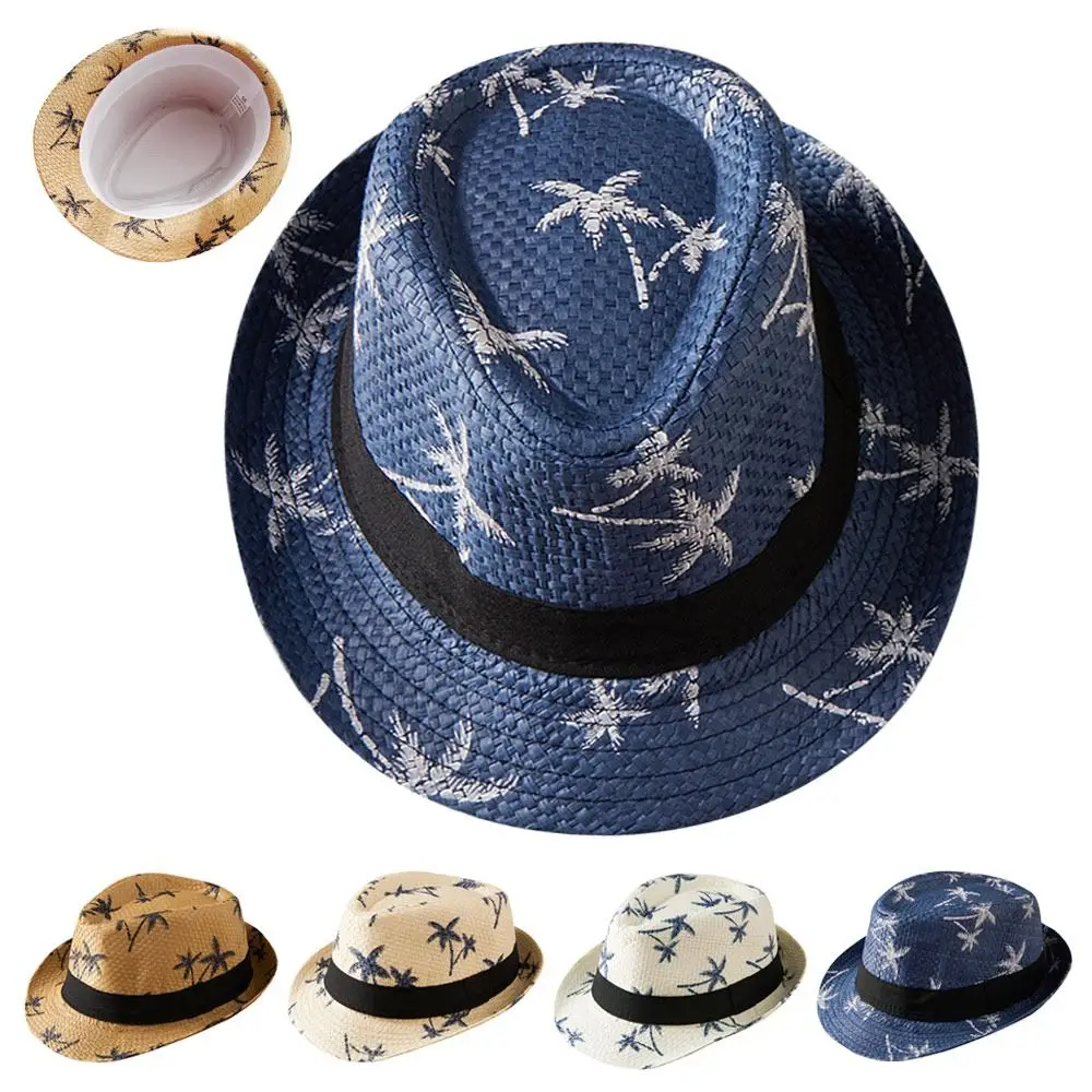 Summer Coconut Trees Pattern Straw Hat Wide Brim Breathable Beach Cap UV Protection Casual Jazz Hat Children