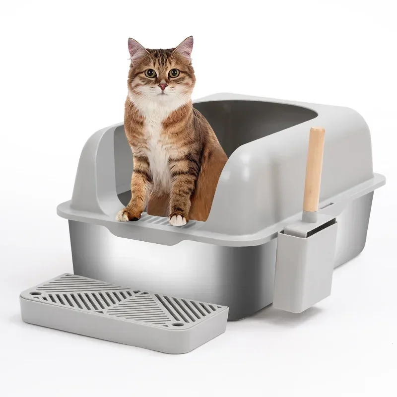 Stainless Steel Litter Box for Cats Durable High-Sided Tray Easy-Clean Non-Staining Design Non-Stick Cat Litter Box