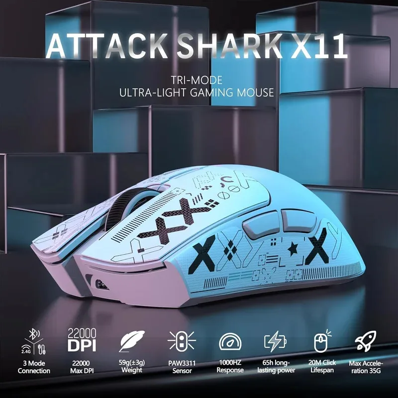 Беспроводная игровая мышь ATTACK SHARK X11 2.4G, перезаряжаемая мышь, 22K DPI, ультралегкая белая мышь, три режима, Bluetooth мышь