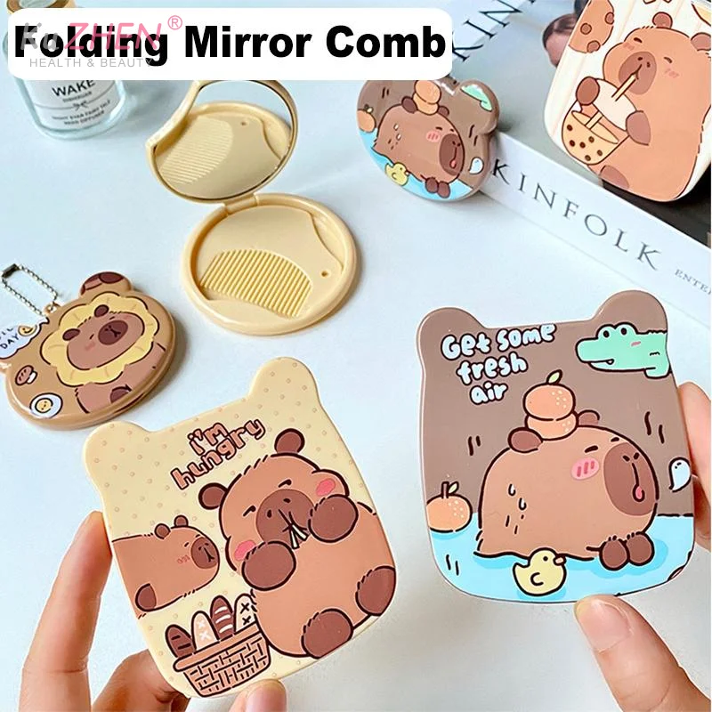 1pc Capybara Flip-Top Handheld Folding Makeup Mirror Cartoon Cute Student Small Mirror Portable Makeup Mirror Comb Gift ForWomen