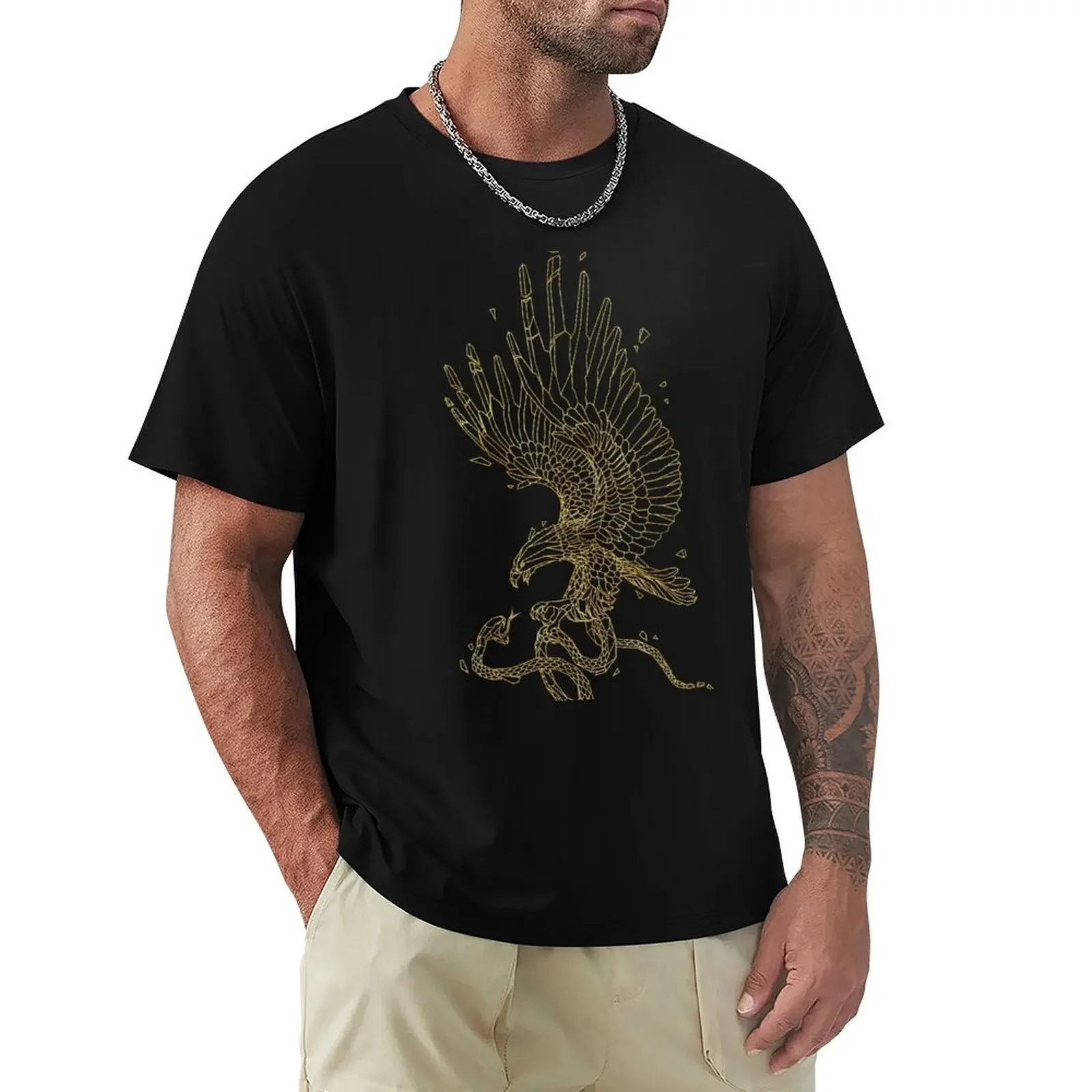 Golden Bald Eagle Hunting A Snake Geometric Line Art T-Shirt cheap stuff korean fashion plain mens vintage t shirts