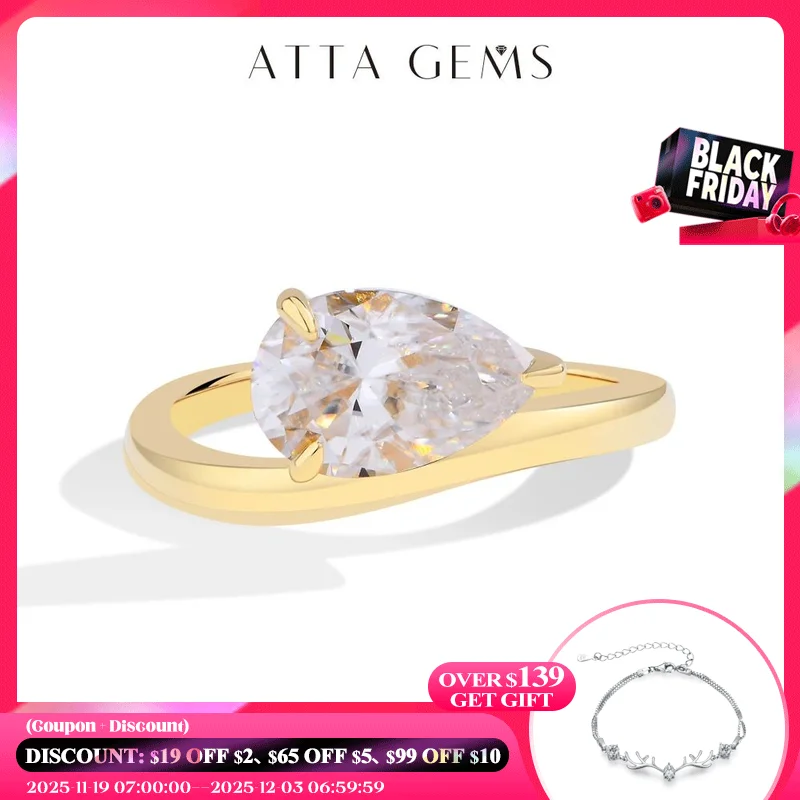 

ATTAGEMS сверкающее кольцо с муассанитом грушевидной огранки 3CT для женщин VVS1 Lab Diamond Wavy Band S925 стерлингового серебра пасьянс свадебный подарок