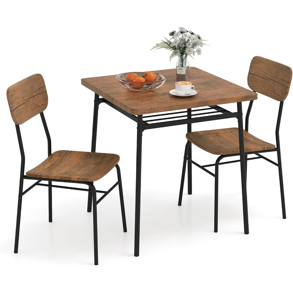 Ensemble de Table à manger carrée pour 2, Table et chaises de cuisine compactes à cadre métallique avec support de rangement intégré, dîner peu encombrant