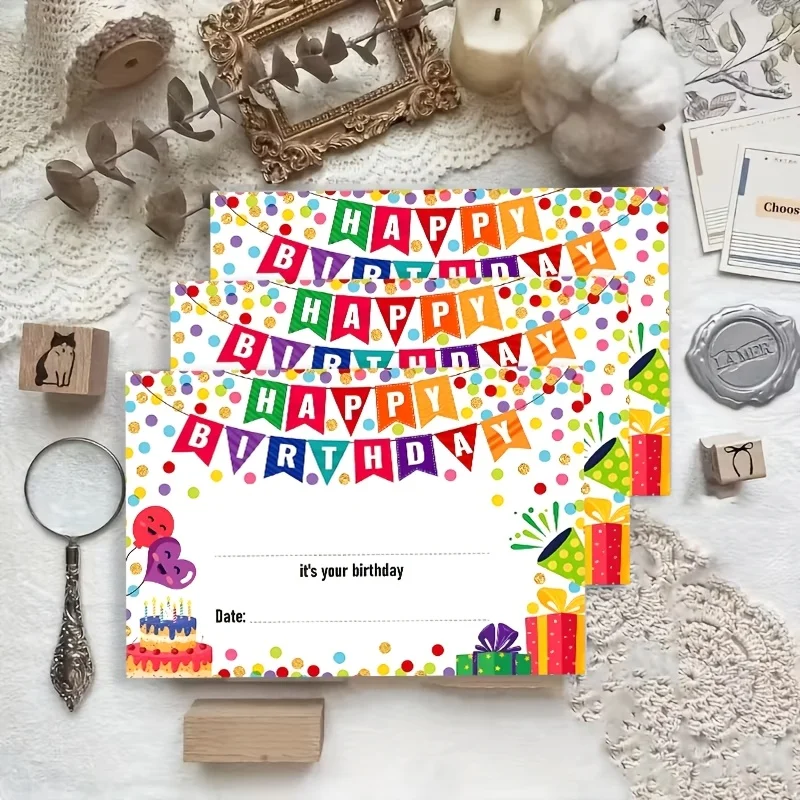 50PCS Colorful Birthday Cards, Fun Party Design, High Quality Paper Cards, Can Be Written