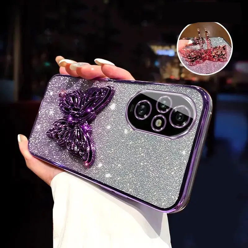 

Honor 200 5G case with Butterfly Stand Holder,Luxury Bling Glitter Case For Honor 200 pro Lite X8 X7b x7a Cover Bracket Shell