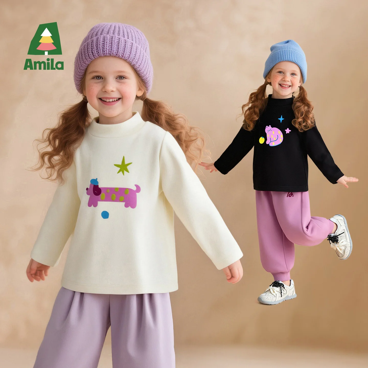 Amila Kids Winter 2026 Girls' Fashion Round Neck Bottom Shirt Pink Beige Black Rose Red Simple And Playful Pattern
