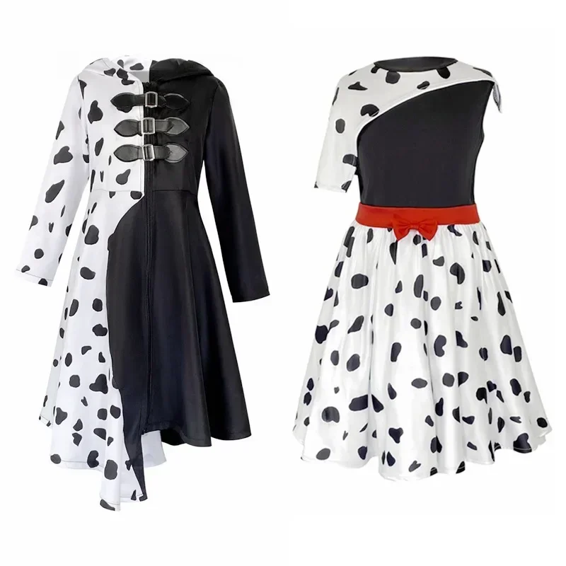 Anime Movie One Hundred And Dalmatians Cruella De Vil Cosplay Costume Hooded Printing Dress Red Longuette Woman Children Suit