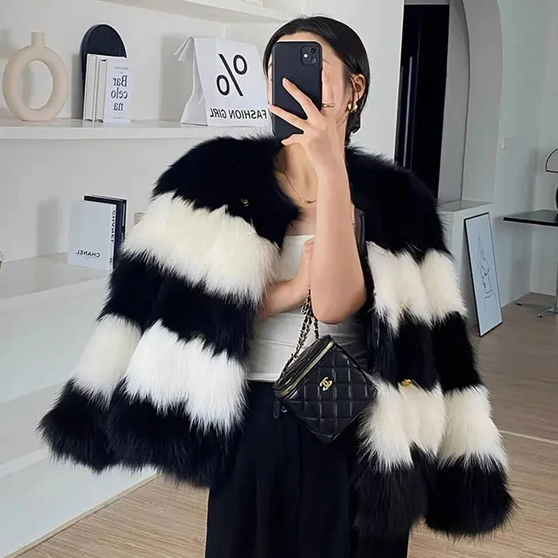 Fall Winter Stripe Fox Faux Fur Jackets Womens Warm Korean Fashion Coats Elegant Plush Furry Thick Casual Cotton Linend Jaqueta