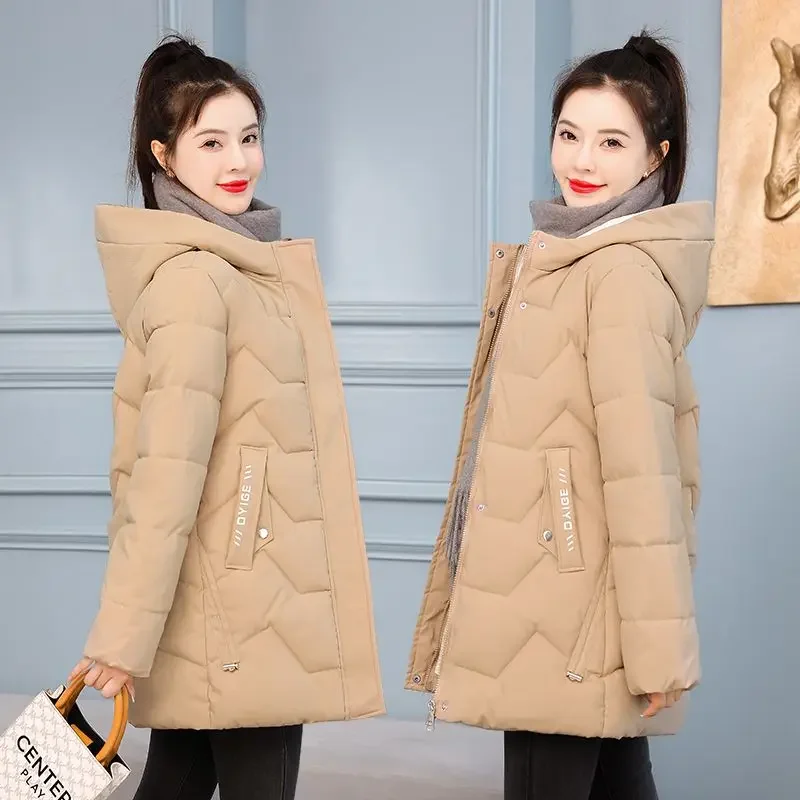 Giacca invernale da donna di media lunghezza in piumino di cotone coreano sciolto spesso caldo cappotto imbottito femminile con cappuccio Parka