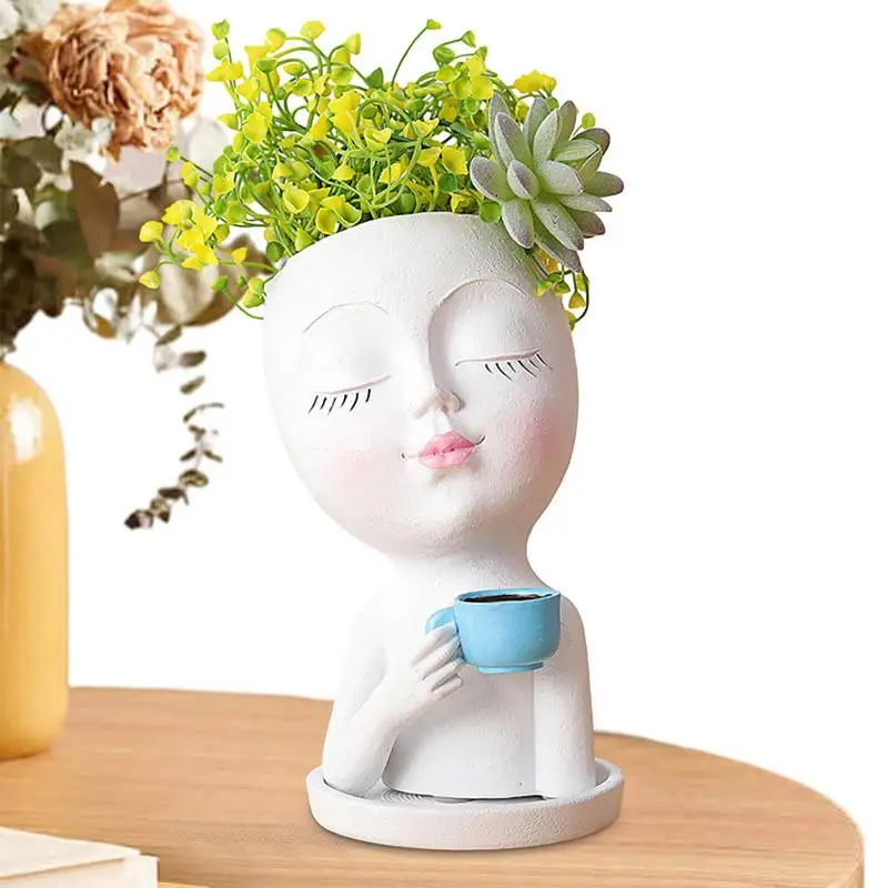 Cute Head Planter Plant Pot Drinking Coffee Resin Flower Planter With Closed Eyes And Drainage Hole Fireplace Succulent Plant