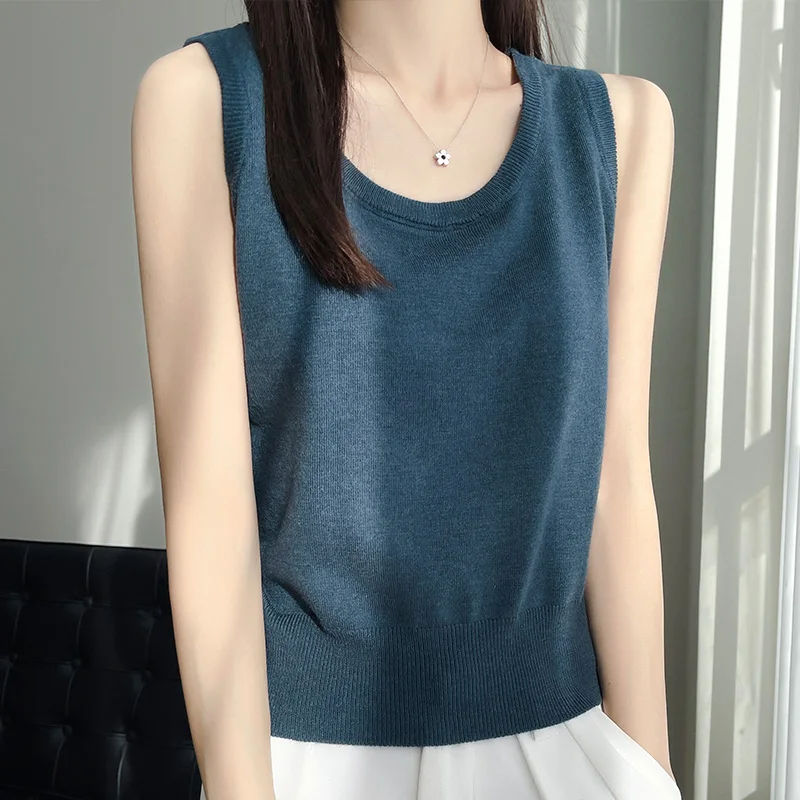 Primavera novedad de verano, chaleco tejido de seda de hielo, traje interior de seda para mujer, Top con tirantes, chaleco sin Sve para mujer