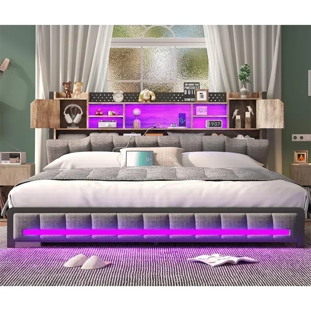 Bed Frame, with 3-Tier Headboard & 2 Hidden Storage LED Lights, Platform Metal Bed Frame with Storage, Bed Frame