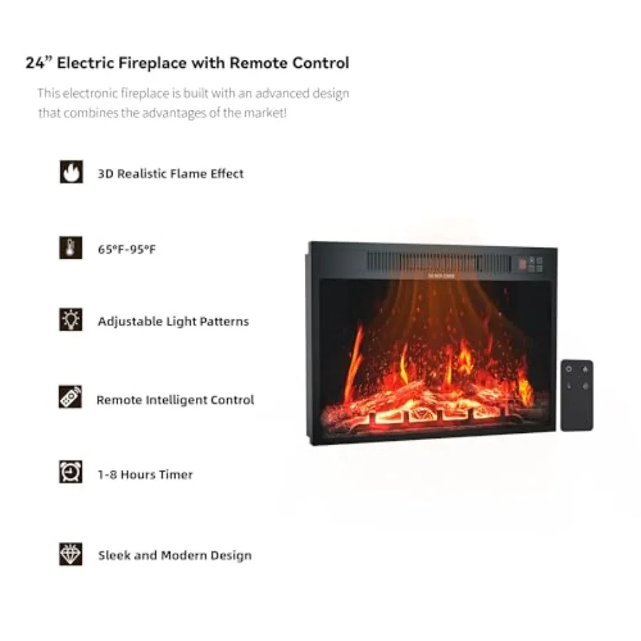 24'' Electric Fireplace Insert with Remote Control Timer 750/1500W 3D Adjustable Flame Modern Black Finish Energy-Efficient Hea