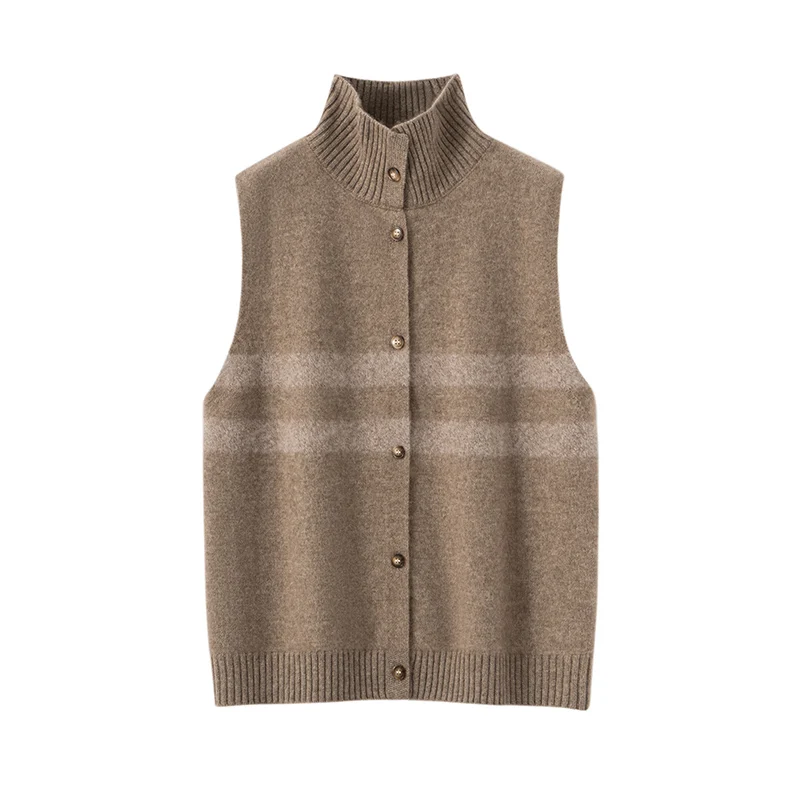 

Autumn Winter Women's 100% Cashmere Knitted Waistcoat Turtleneck Striped Vintage Style Sleeveless Cardigan Loose Large Size Tops