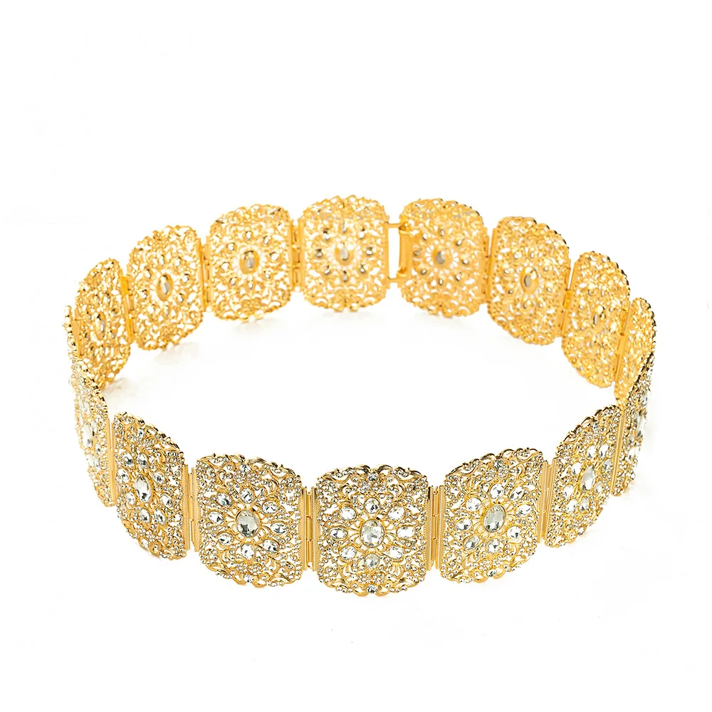 Luxury Wedding Bride Rhinestone Belt Jewelry Big Size Full Crystal Waist Chain Shiny Metal Gold Body Chain Ornaments Gife
