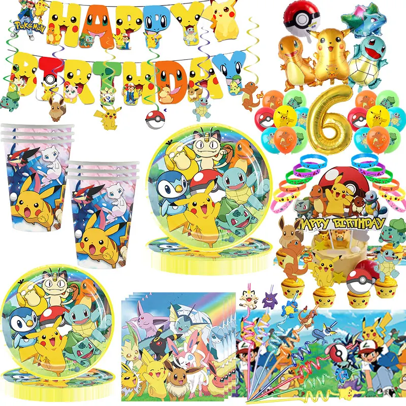 Pokemon Party Birthday Decoration Happy Pokemon Go Theme Tableware Set Cups Plates Pikachu Balloons Banner Supplies Kids Favors