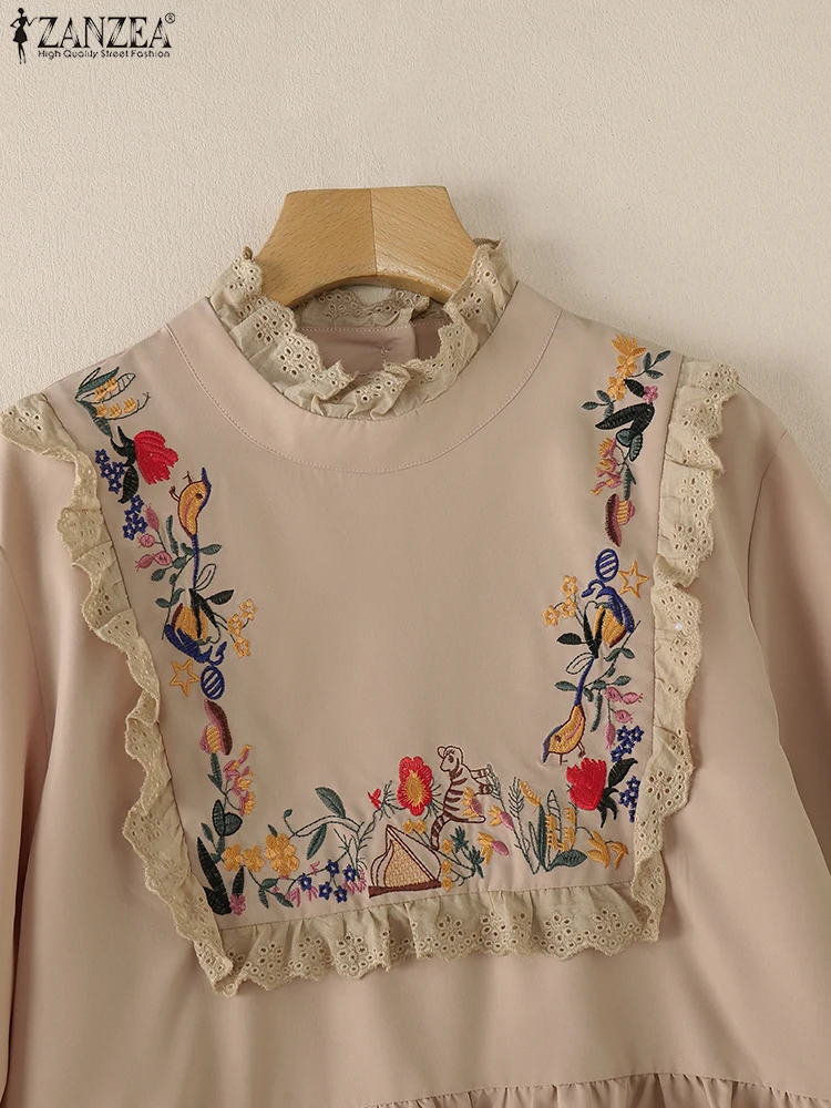 ZANZEA haftowana bluzka wiosna damska tunika z długim rękawem topy stylowa patchworkowa praca Blusas eleganckie solidne koszule luźna koszulka