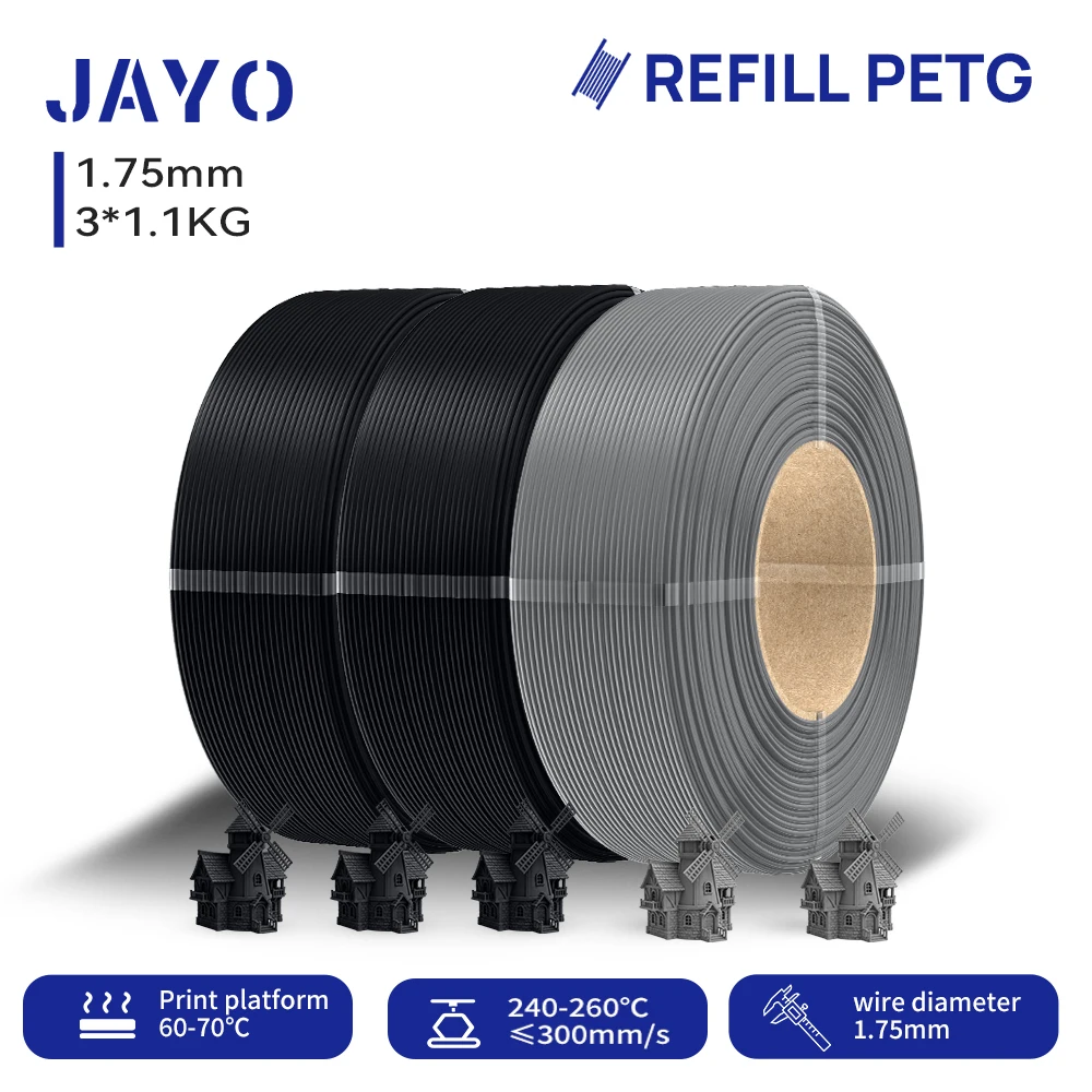 JAYO 3,3KG Nachfüll-PETG-Filament 1,75mm Nachfüll-3D-Drucker-Filament geeignet für Bambu Lab Filament & ungiftige wiederverwendbare Spulen 1,1KG/Rolle