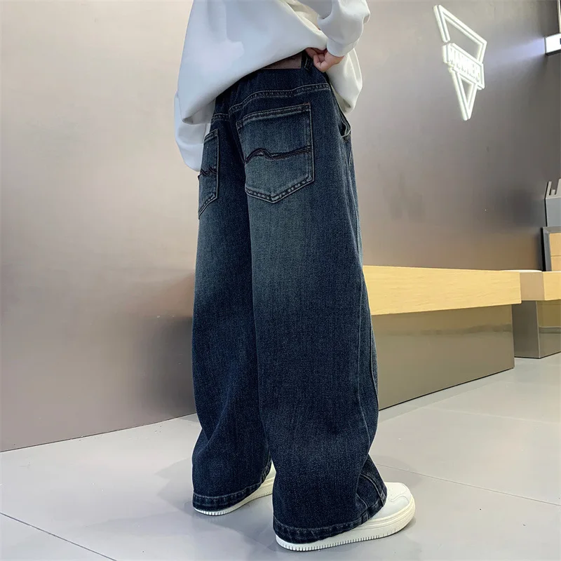 New Teenagers Boys Jeans Children Wide Leg Denim Pants for Kids Loose Pockets Trousers Spring Autumn 4 6 8 10 11 12 13 14 Years