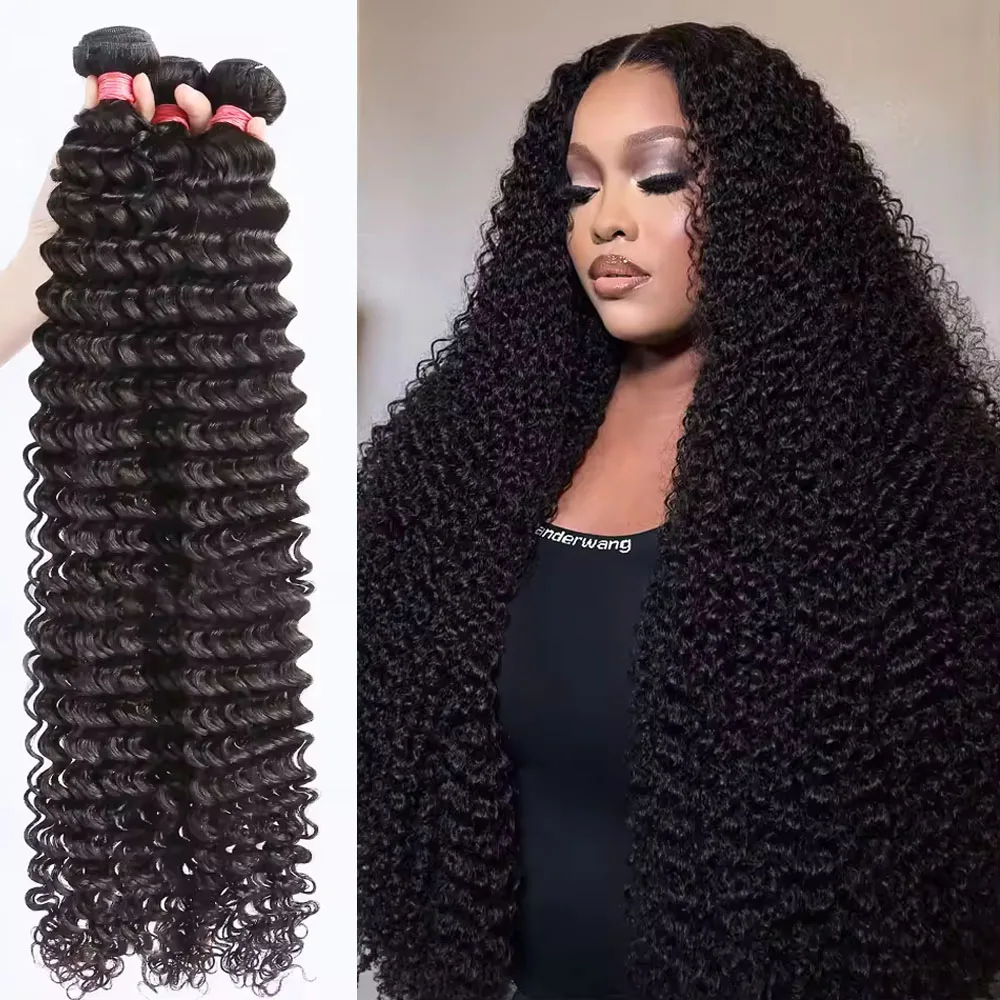 

Натуральные черные 100% человеческие волосы, бразильские пучки волос с глубокими волнами, 12–36 дюймов, наращивание волос Remy (1/3/4 шт., набор Allure)