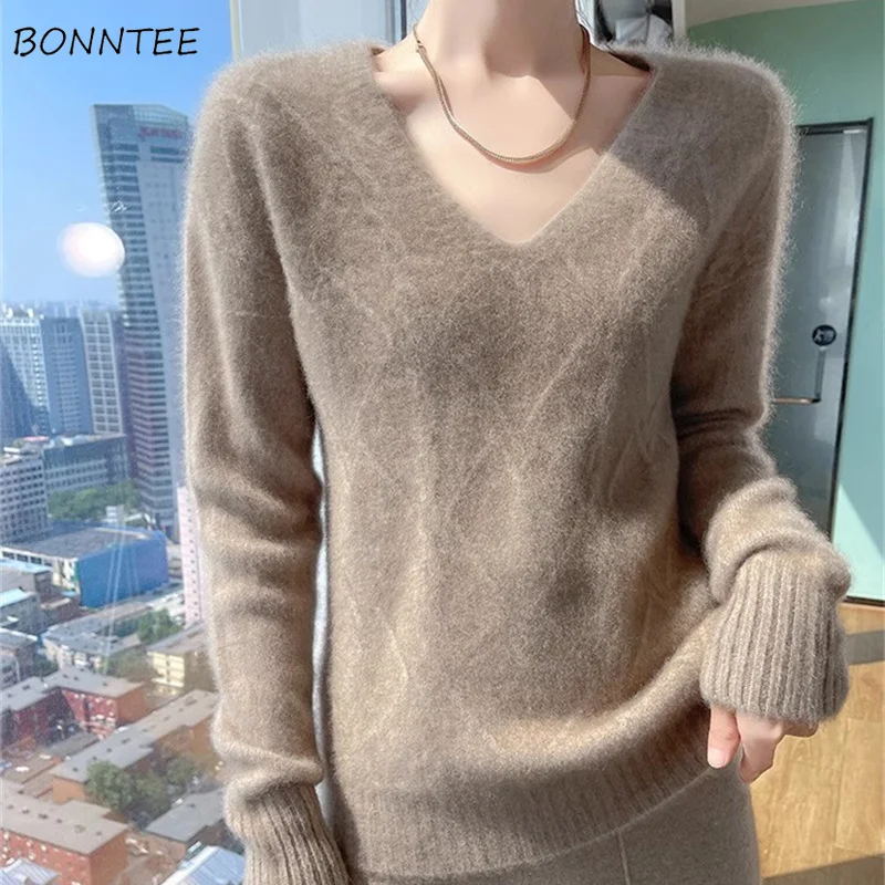 V-neck Pullovers Women Solid Autumn Winter Basic Jumpers Daily Minimalist Ladies Casual Tops Fashion Korean Style Cashmere Soft