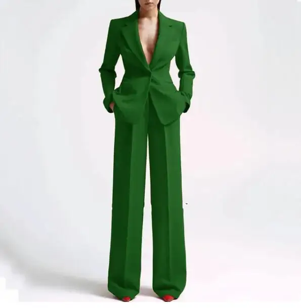 Tesco Single Button Blazer+Wide Leg Pants Suit Sets For Women Solid V Neck Loose Female Pantsuit Custom Made conjunto femininos