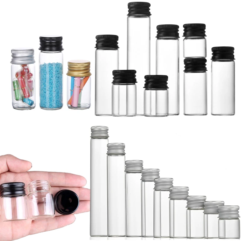 

50PCS 5ML-100ML Mini Glass Test Tube Bottles W/ Aluminum Lids DIY Arts Vials for Tea Craft Wedding Decoration Storage Containers