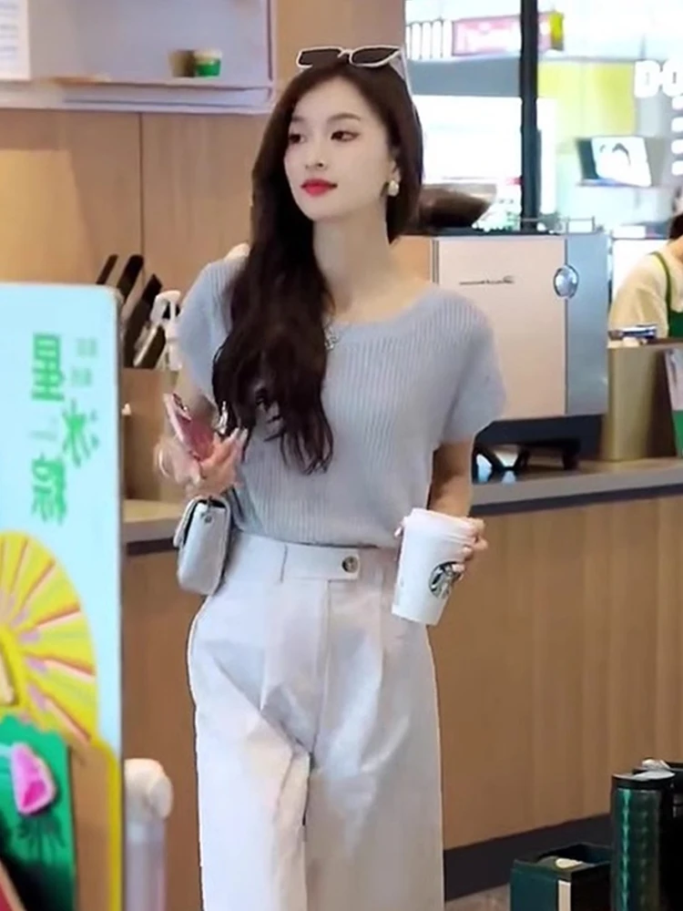 エレガントな半袖アイスシルクニットトップ女性のファッションバック中空クラシックソリッドカラー夏痩身快適なフィット感