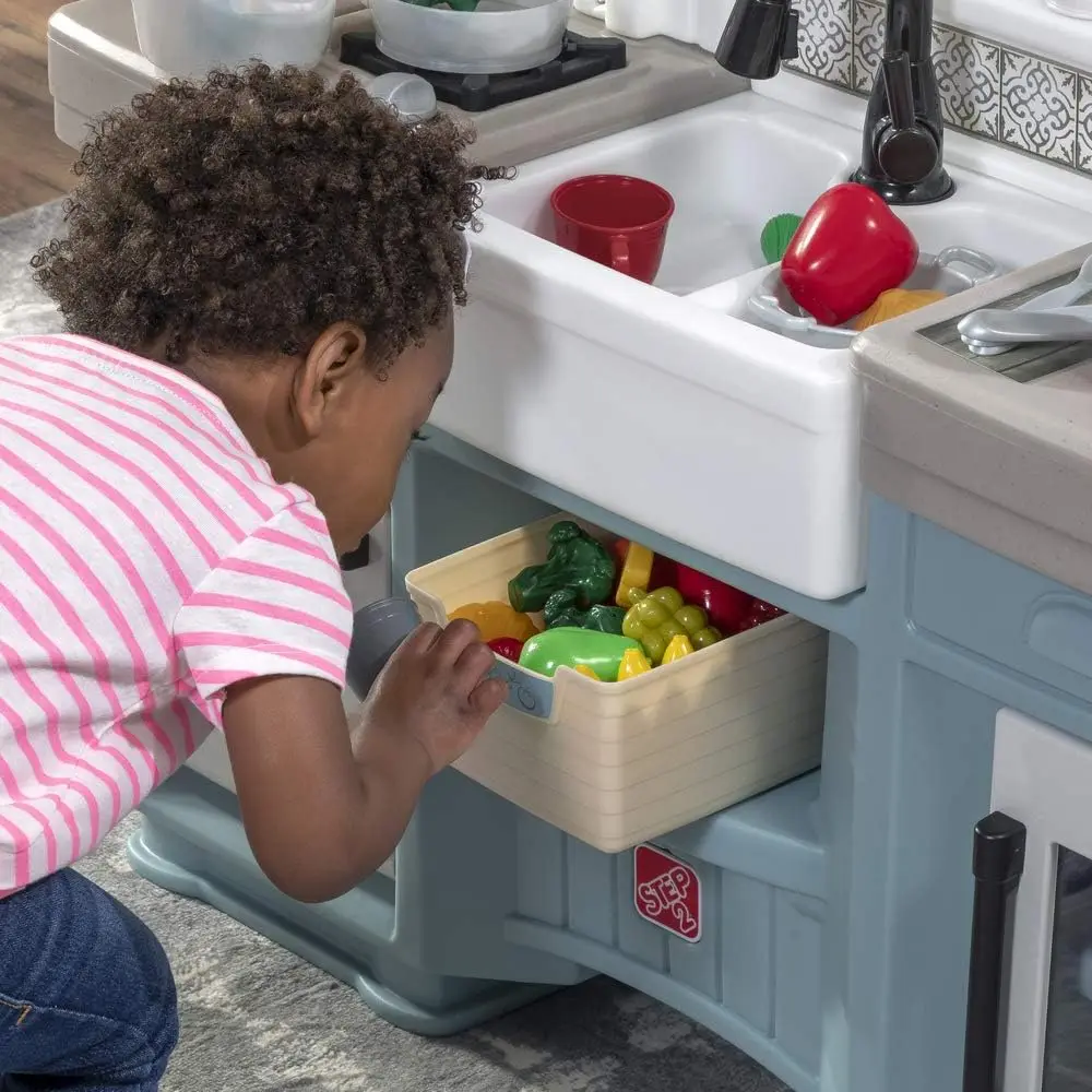 Juego de cocina de tendencia atemporal para niños, cocina para interiores y exteriores, juego interactivo con luces y sonidos, hecho de plástico duradero
