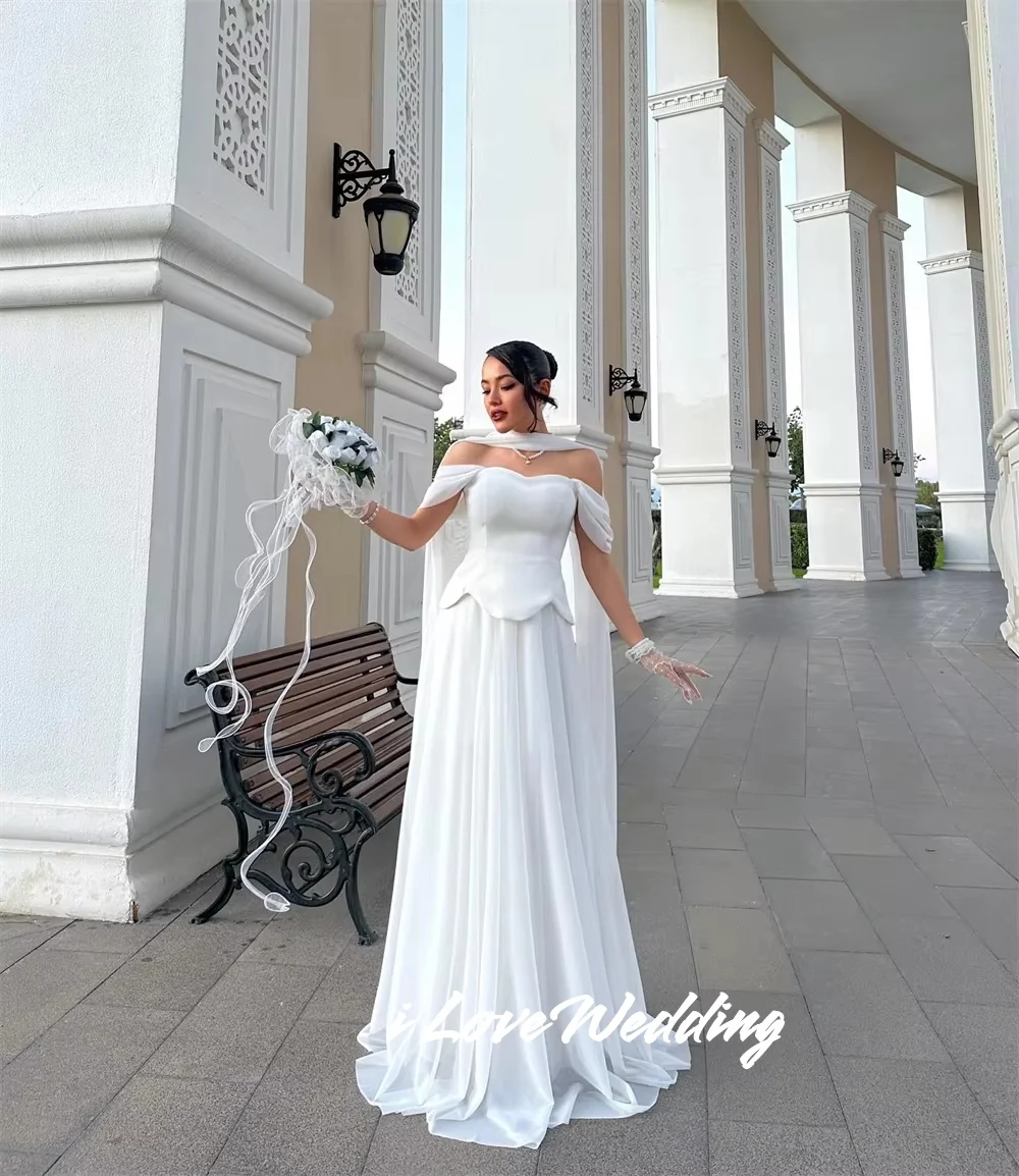 ホワイトプリーツ Aライン ショール付き プロムドレス シンプル オフショルダー ベスティドス デ ノーチェ フロアレングス フォーマル イブニング プリーツ カスタマイズ