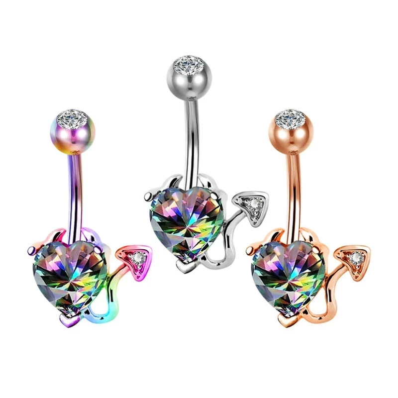 1 pz corpo Punk diavolo cuore ombelico anelli 14G cuore acciaio chirurgico ombelico bilancieri iridescente CZ Body Piercing