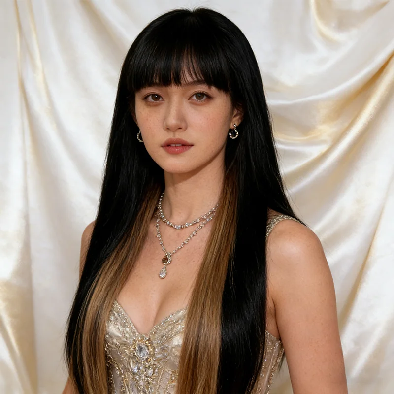 

Женский парик, челка в стиле манга, длинные прямые волосы, окрашенные до ушей, омбре, термостойкий шелк, синтетические длинные волосы, полный парик.