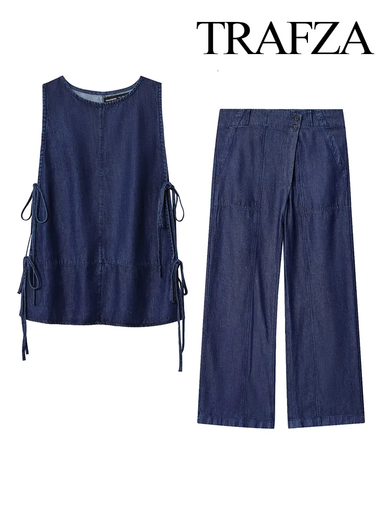 

HH Women Solid Denim Elegant 2-Piece Set Sleeveless O-Neck Bow Decoration Top+Summer Pockets Button Loose High Waist Pants