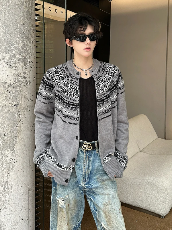 

American Sle round Ne Open Cardigan Sweater Men's Autumn Winter Trend Warm Knitted Casual Geometric Pattern Outerwear