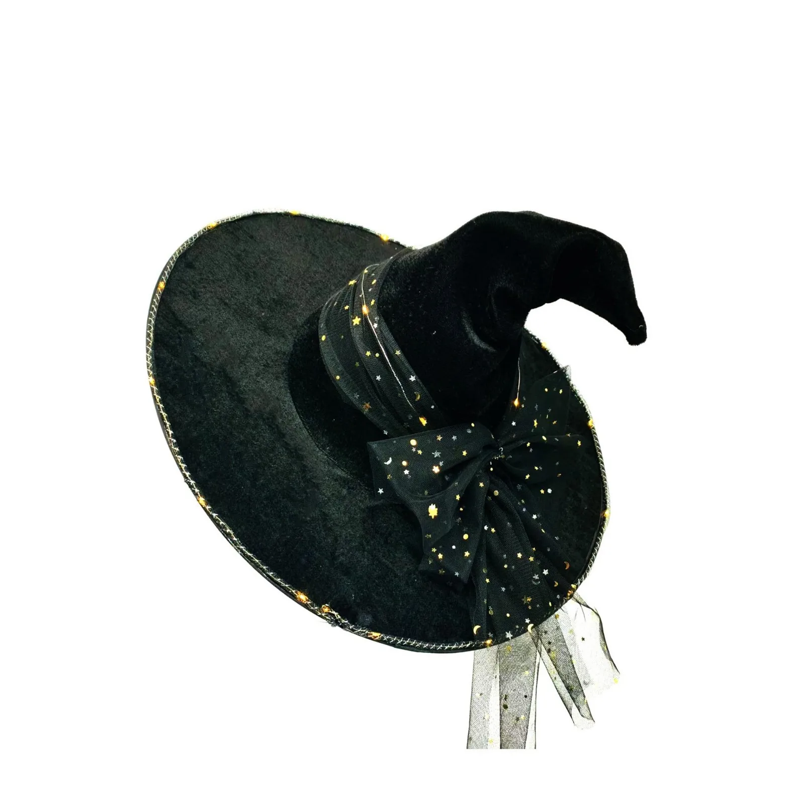 New Halloween Pleated Witch Hat Party Hat with Lights Black Velvet Witch Hat Makeup Prop