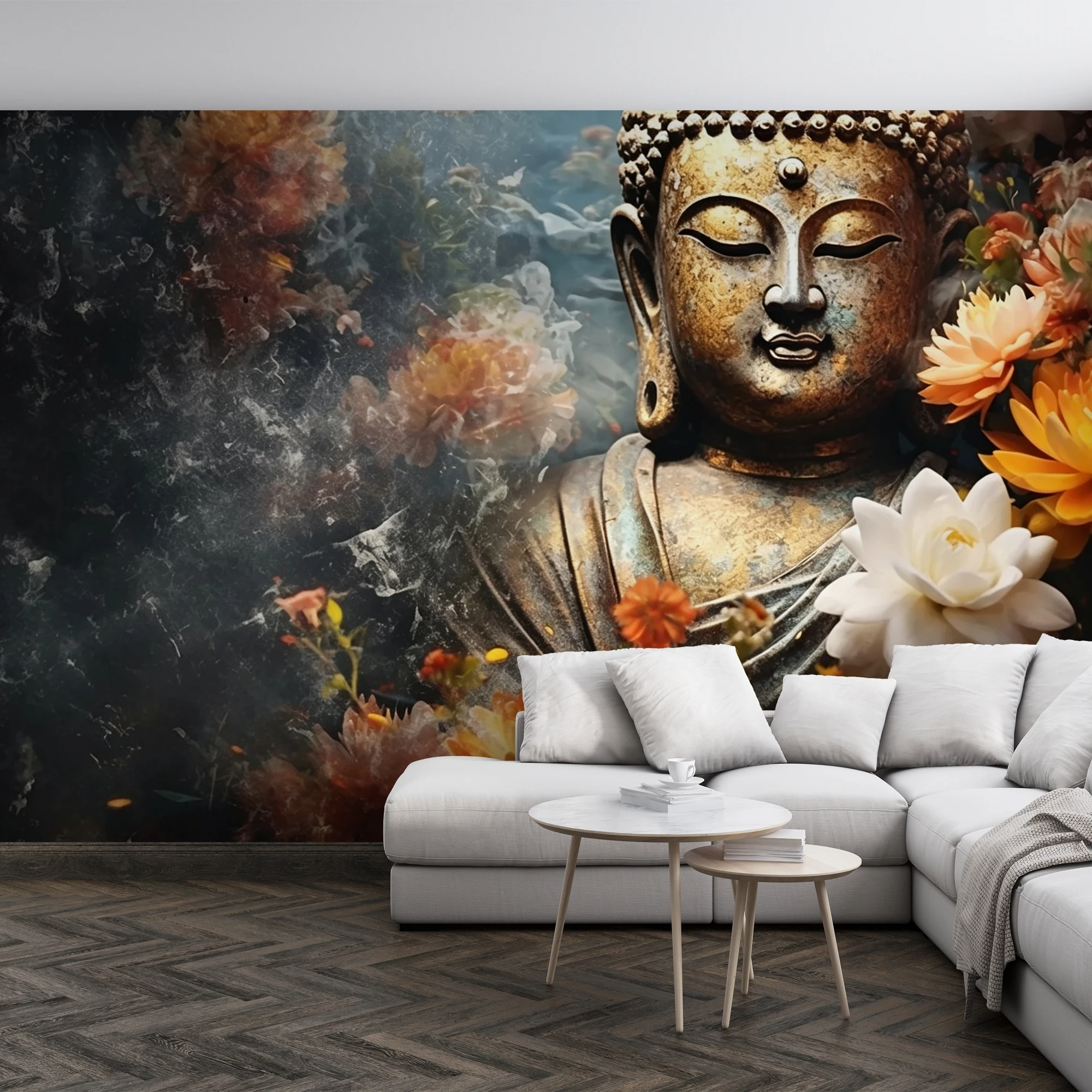 Golden Buddha Statue with Lotus Flowers Mural Wallpaper, Vintage Zen Art Wall Mural for Living Room Decor