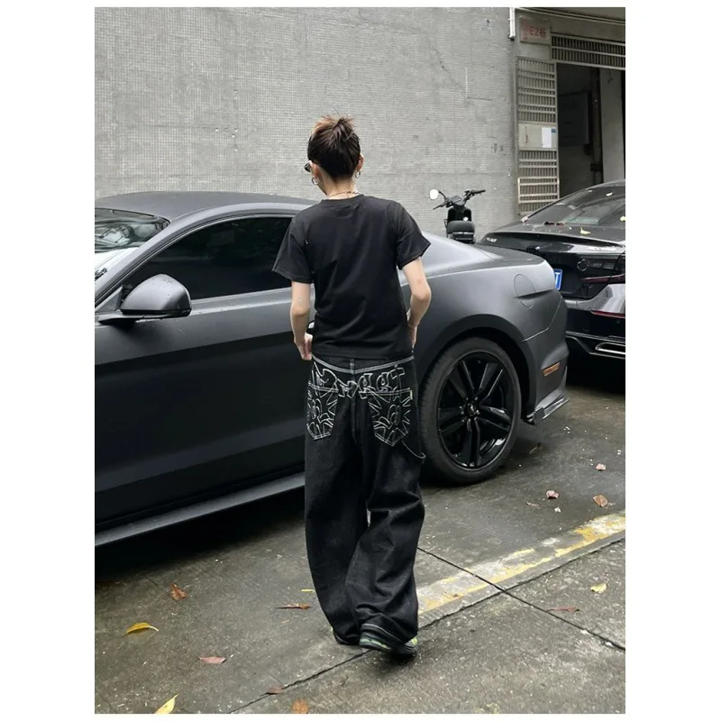 Jeans Kaki Lebar Bordir Amerika untuk Wanita Celana Panjang Lantai Kaki Lurus Longgar Skinny Kasual Serbaguna Retro