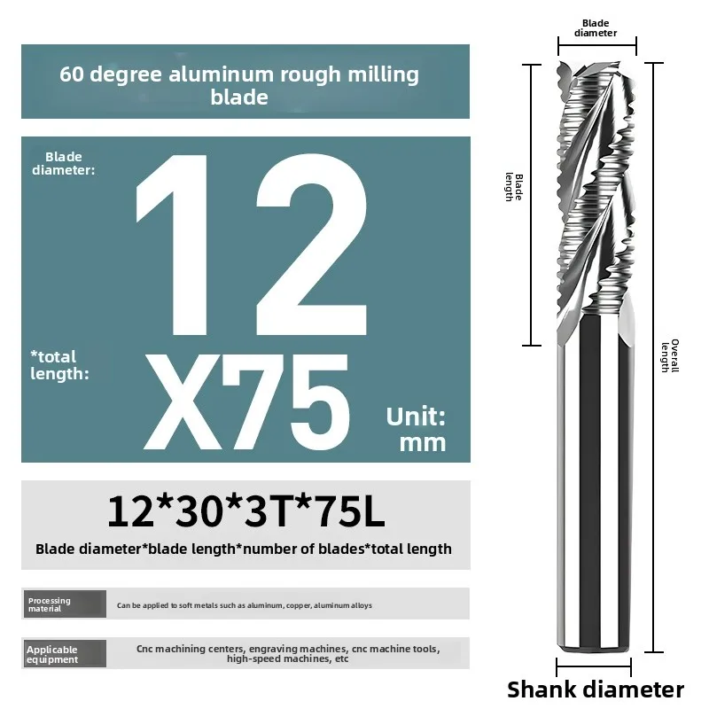 60 Degree 3 Flute Carbide Roughing End Mill 12mm Shank 75mm Length Aluminum Copper CNC Router Bit 12303T Milling Cutter