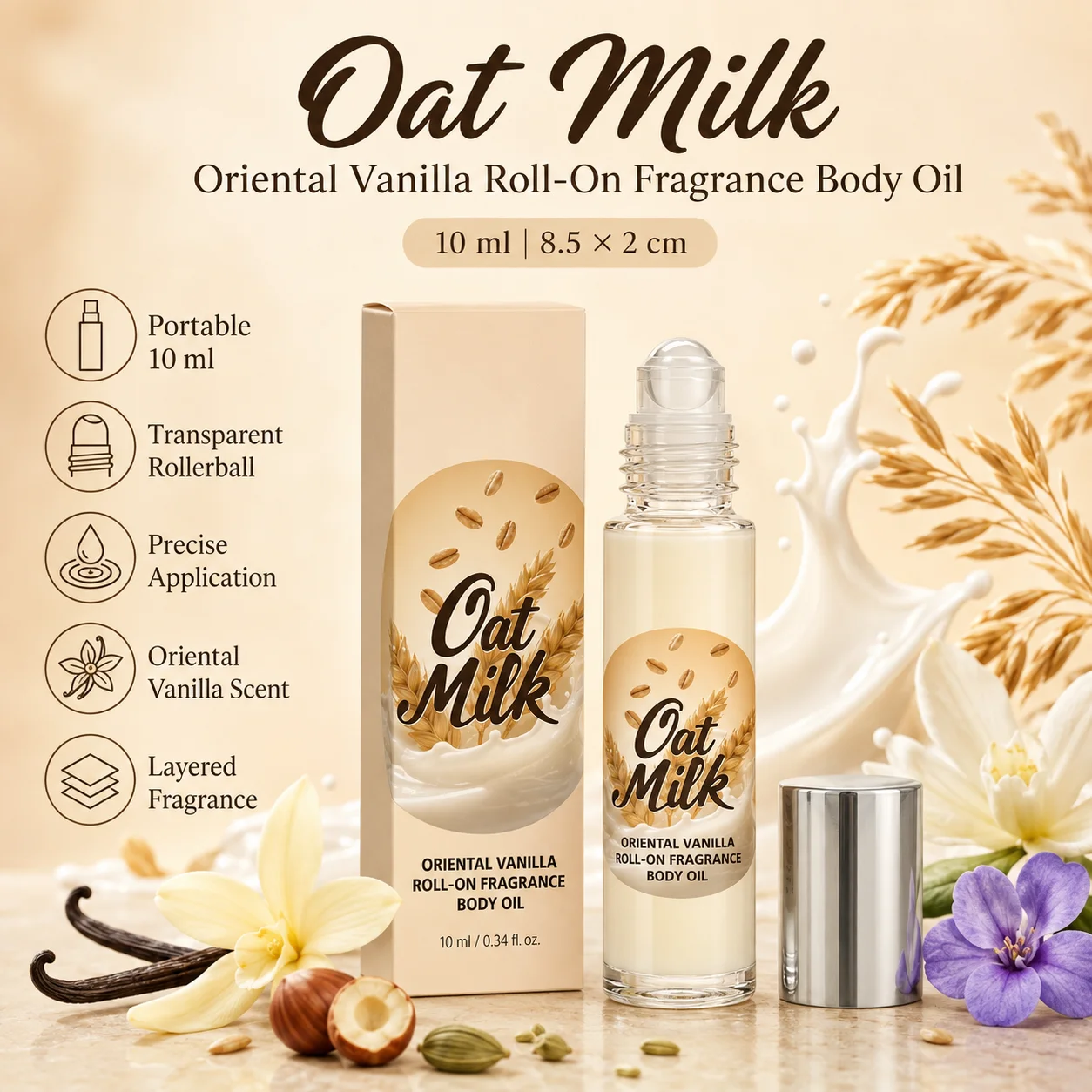10ml Roll‑On Fragrance Body Oil, Oriental Vanilla Oat Milk Scent Portable Perfume Oil, Sandalwood Musk Base Note for Dating