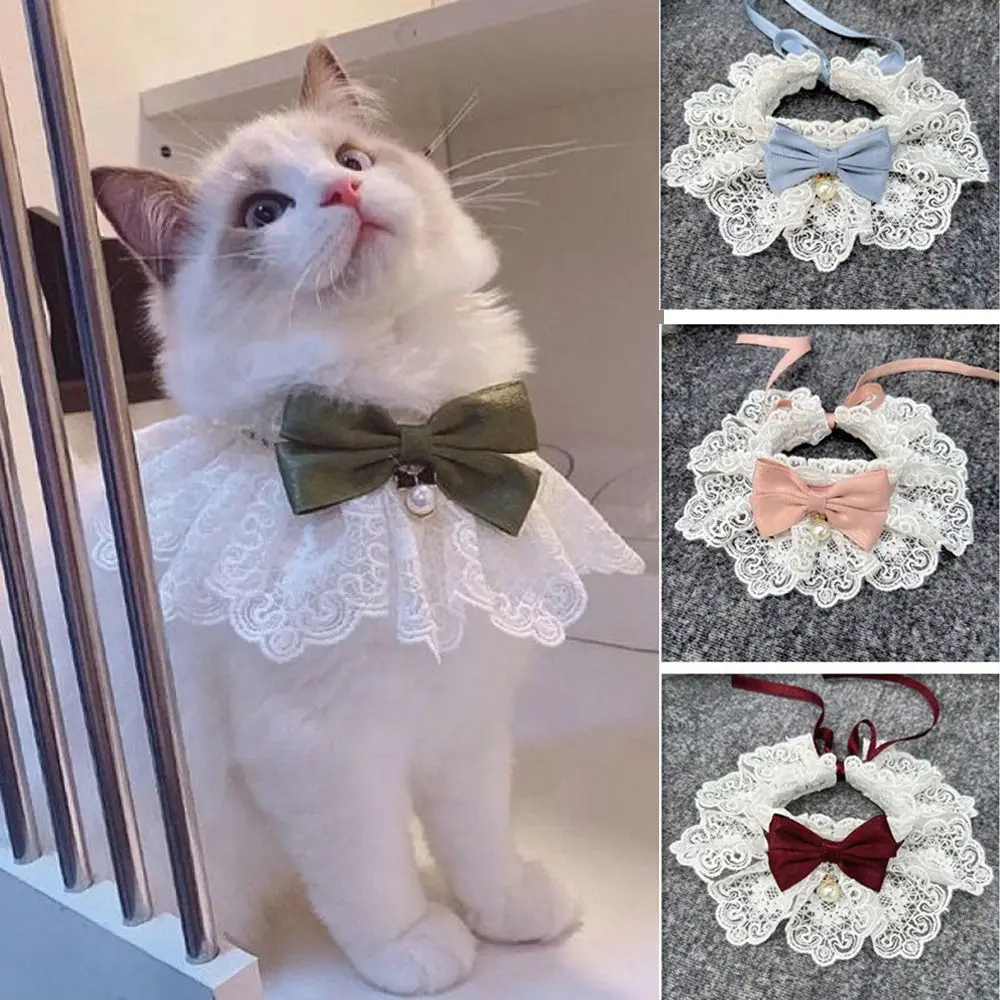 Lace Bowknot Pearl Collar Cat Dog Neckerchief Pet Cats Kitten Dog Puppy String Bib Necklace Necktie Neck Strap Scarf Accessories